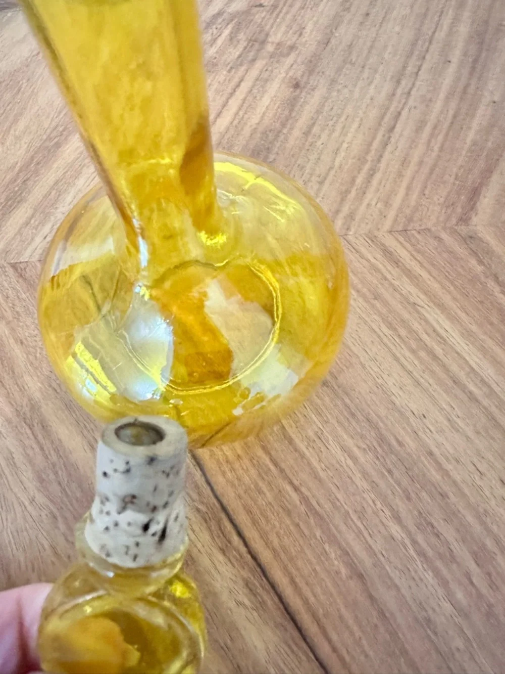 Vintage MCM Yellow Glass Bottle With Cork Stopper Made In Japan CC Mark EUC